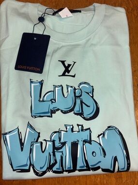 Louis Vuitton Mint Green Tee with Blue Graffiti Logo Read 👇